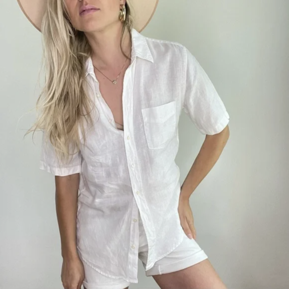 White Linen Short Sleeve Button Down Shirts
